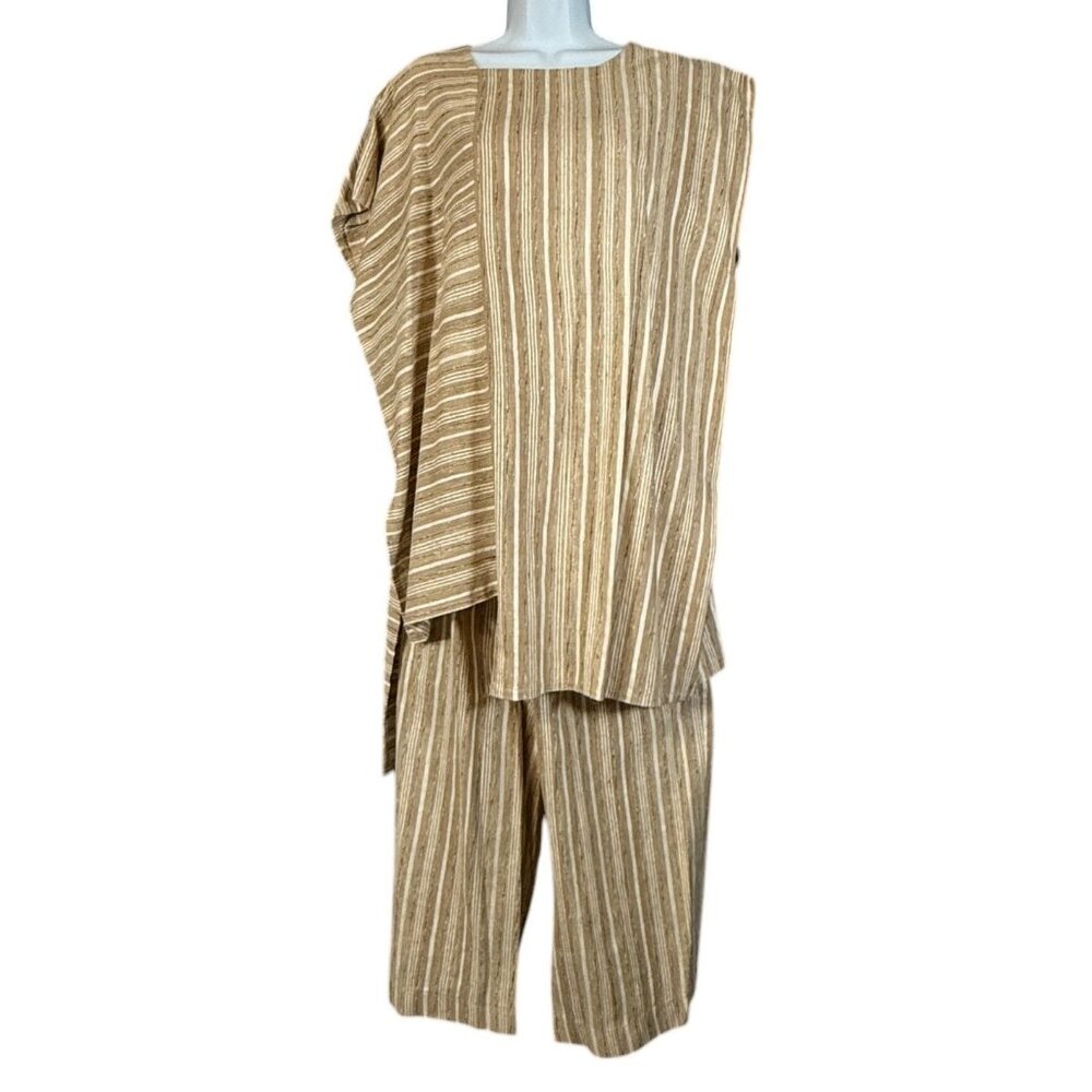 Vtg Melinda Phillips S/M Beige 100% Silk  Asymmetrical Striped Two-Piece Outfit